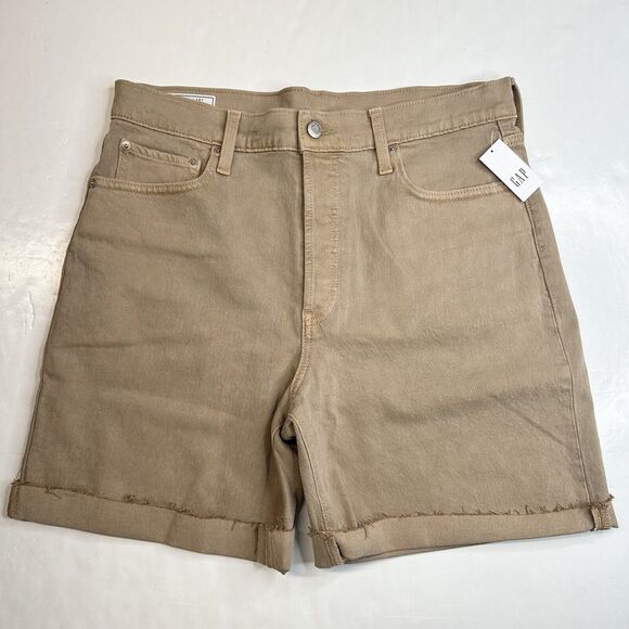 GAP Cheeky Midi Shorts 31/12 Tall (33"Waist) High Rise Tan Fray Button Fly NEW - Picture 1 of 10